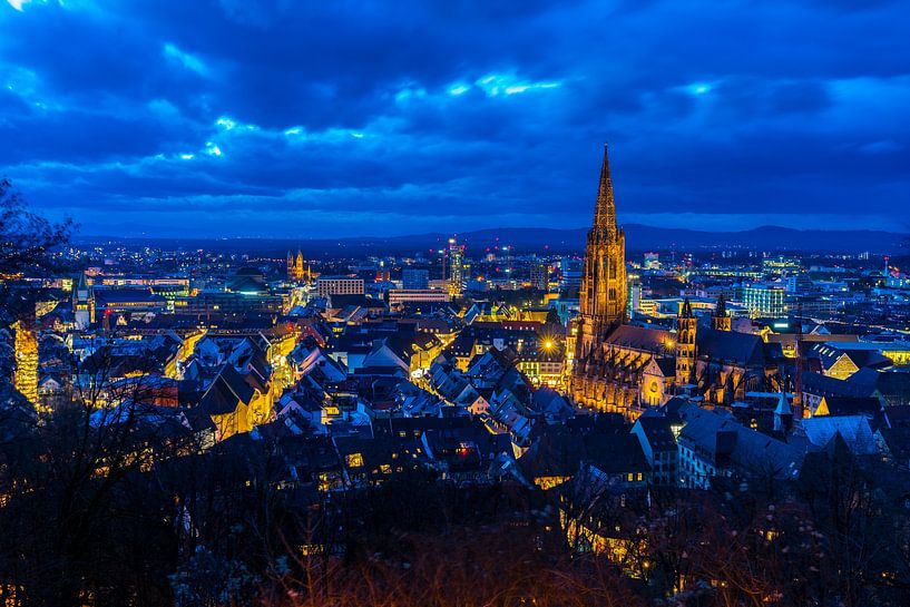 Allemagne, lumières de la ville et ligne d'horizon de Freiburg im Breisgau vues du ciel par adventure-photos