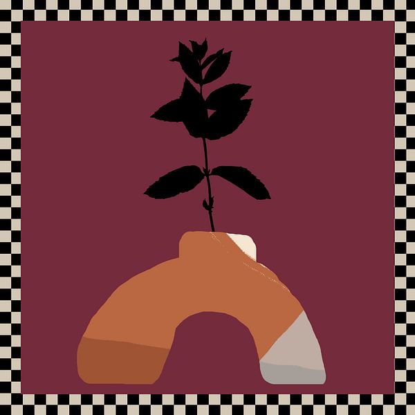 Bloem in vaas. Boho Retro Abstract stilleven. Wijnrood en terra. van Dina Dankers