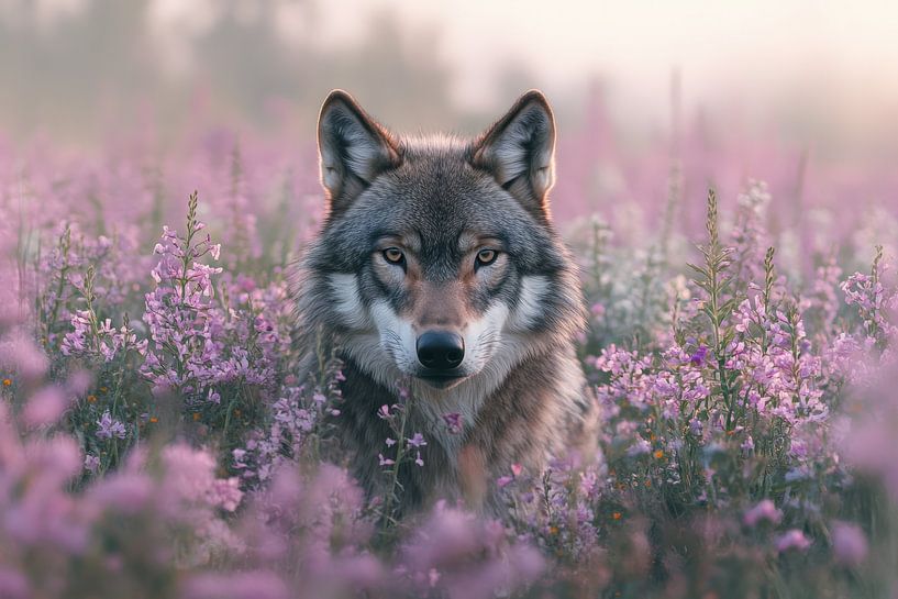 Un loup regarde l'appareil photo dans la bruyère violette. par Digitale Schilderijen