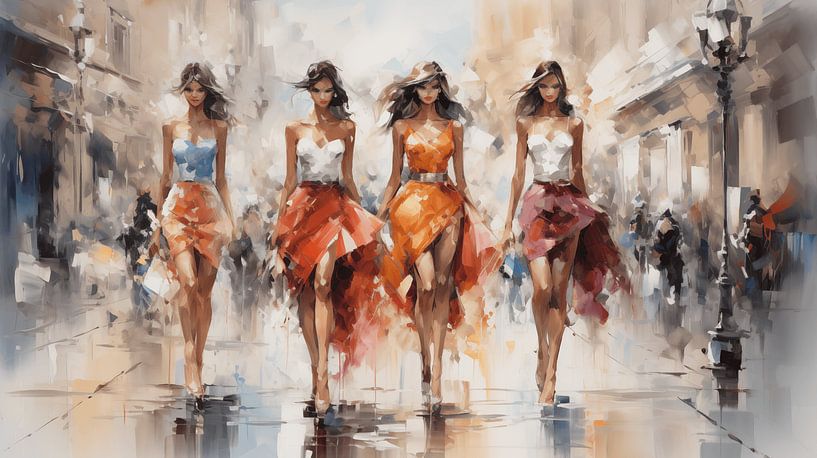 Abstract painting of four women shopping in the city, watercolour acrylic art design by Animaflora PicsStock