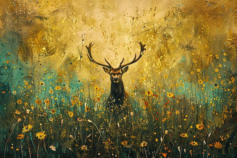 Majestätischer Hirsch in farbenfroher Blumenfeldmalerei von Art & Soul Creations