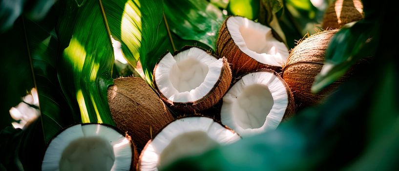 Kokosnüsse unter tropischen Blättern von Poster Art Shop