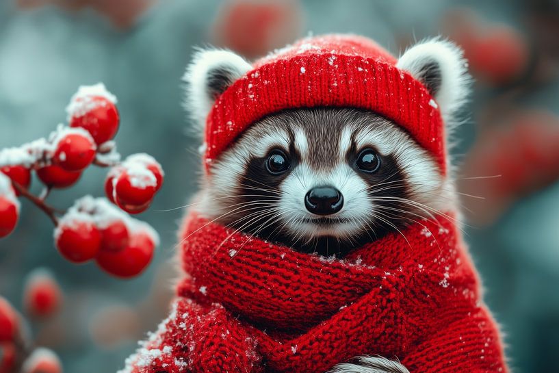 Ami de l'hiver - Mignon raton laveur en vêtements d'hiver rouges par Eva Lee