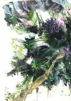 Blumengeschichten, Gemälde eines blauen Blumenstraußes mit Collage-Bändern aus einem alten Buch