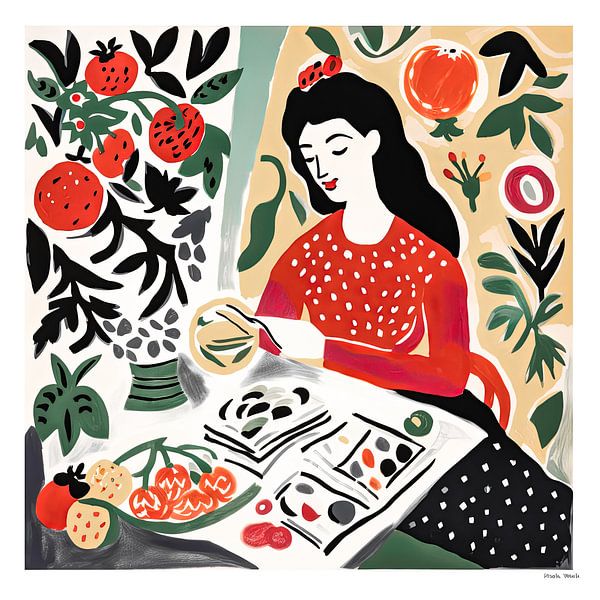 Young woman semi-abstract portrait painting by Vlindertuin-Art