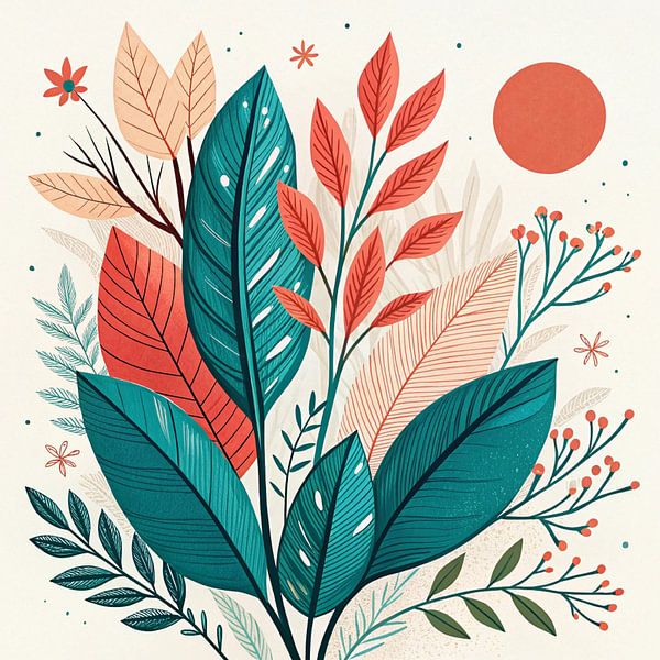 Botanische Gelassenheit: Eine lebhafte abstrakte Komposition aus üppigem Laub und skurriler Flora unter einer warmen Sonne von Artistic