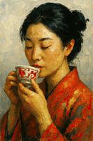 Morning tea ( Asian woman drinks tea kimono portrait painting resting silence)