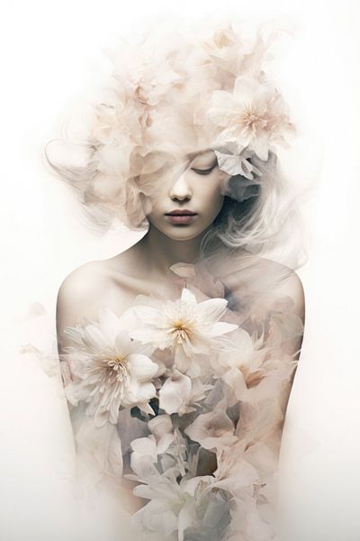 Female portrait with pastel flowers, dreamy composition. by Joriali photography and paintings