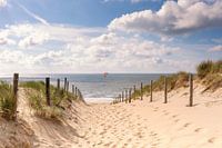 Strandopgang met vlieger (kite) boven duinen bij Zandvoort
