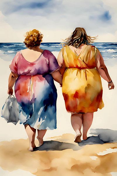 2 dames sociables se promènent sur la plage par De gezellige Dames