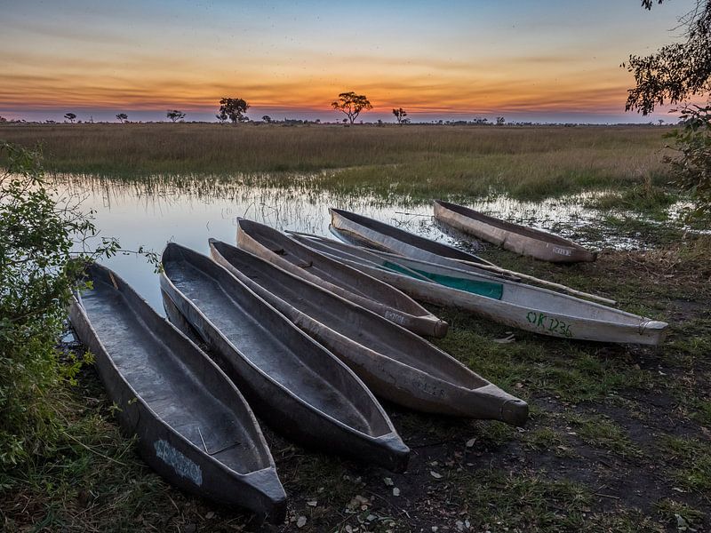 Zonsondergang over de okavango delta met mokoro's op de voorgrond van victor van bochove