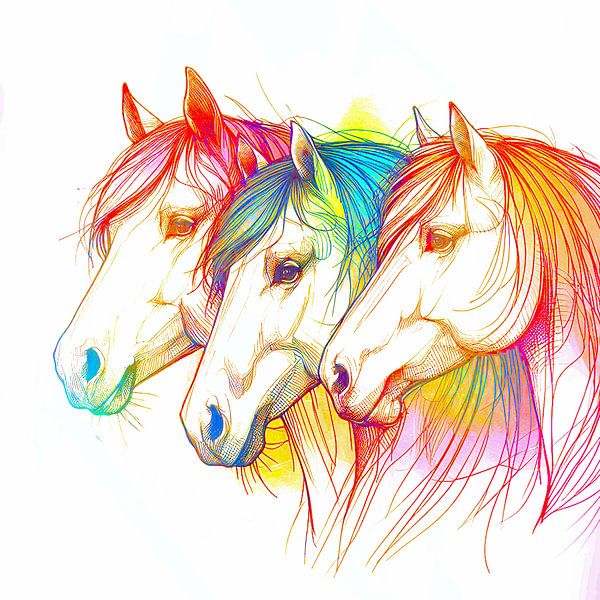 Abstrakte Strichzeichnung von Pferden in Neonfarben. von Ineke de Rijk
