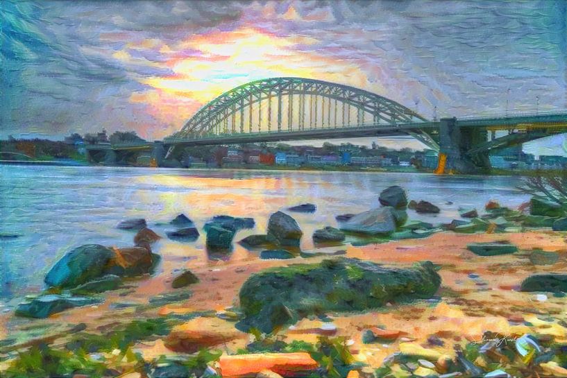 Stijlvol kunstwerk van Nijmegen - Strand &amp; Skyline van Slimme Kunst.nl
