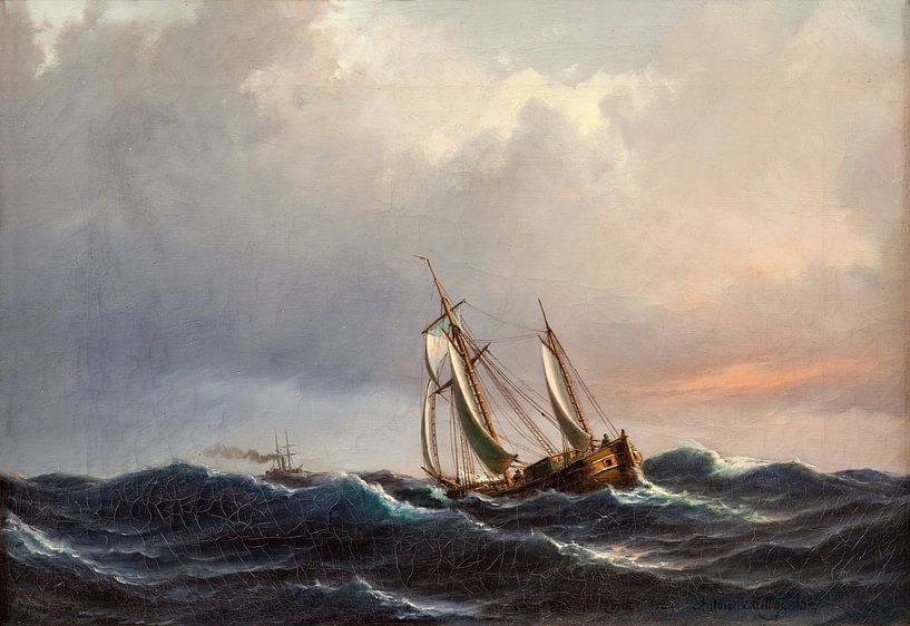 Ein Schiff auf hoher See bei Sonnenuntergang, Anton Melbye von Meisterhafte Meister