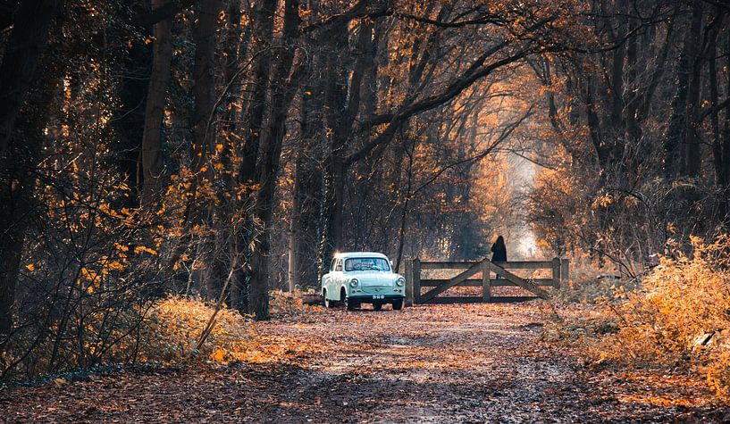 Herfs in the forest! Old Trabant car at the entrance to the forest. by Arthur Scheltes