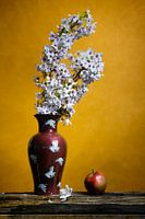 Apple blossom in red vase against yellow wall.