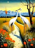 Two cranes at the edge of the meadow