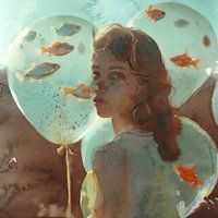 Vrouwenportret met vissen in ballonnen – aquarel kunst