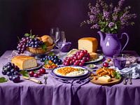 Purple table with grapes, cheese and flowers - luxury modern still life