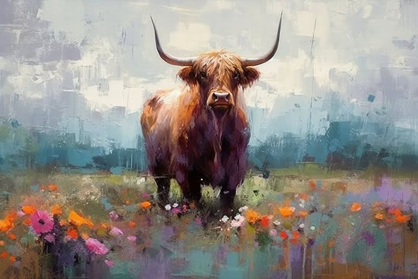Scottish highlander among wildflowers by Studio Allee