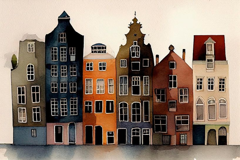 Amsterdamer Grachtenhäuser mit Aquarell von Maarten Knops