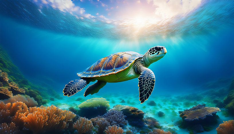 Schildpad in zee van Mustafa Kurnaz