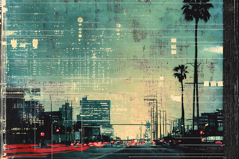 Stylish retro poster with graphic elements and dots. Evening city. Theme of communication by Ariadna de Raadt-Goldberg