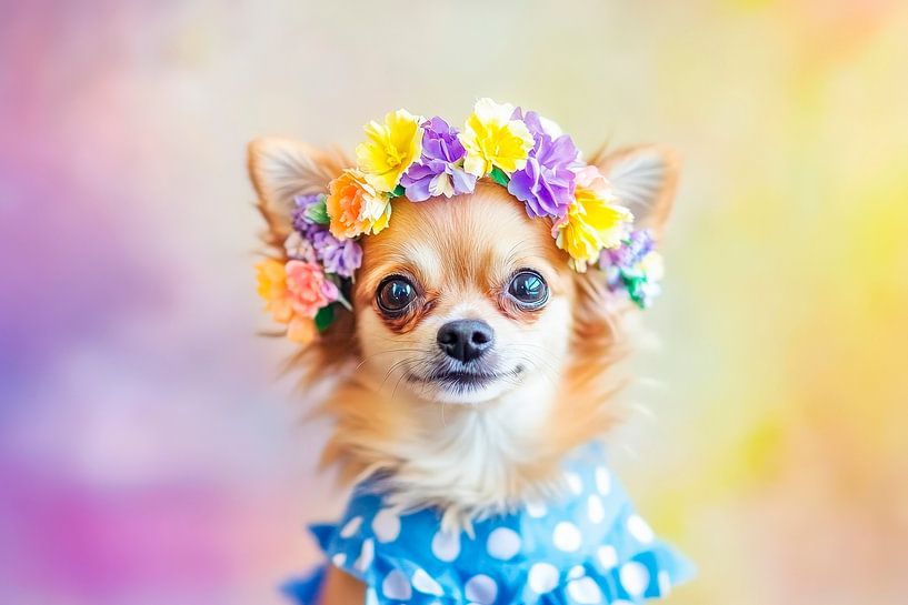 Chihuahua mit Blumenkranz und Schleife von Poster Art Shop