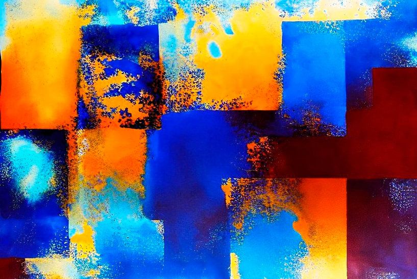 Abstrakter Sonnenuntergang in Gold und Blau. von Ineke de Rijk