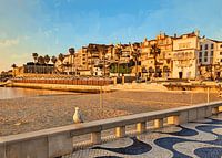 Morgen am Meer in Cascais mit Möwe, Fischerhütten, Strand und Gebäuden