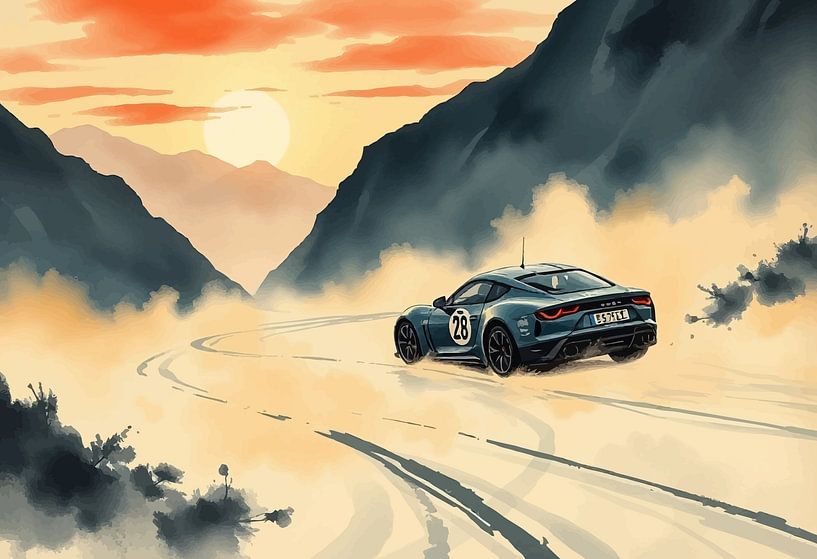 Alpine A110 - Zonsondergang over de nevelige bergen Japanse kunst van MIROKKU