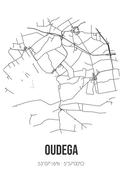 Oudega (Fryslan) | Karte | Schwarz und Weiß von Ortsdrucke