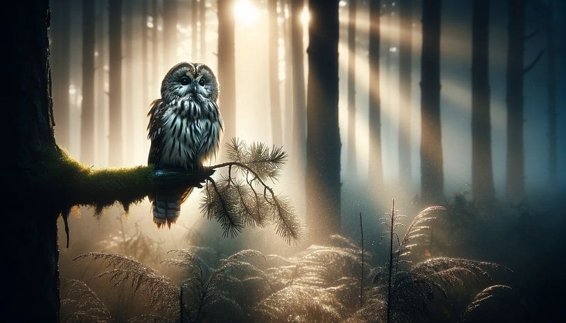 Owl enchants in the morning light of the forest by artefacti