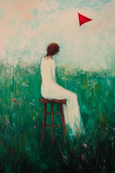 Femme en blanc avec dragon rouge - rêveur par Poster Art Shop