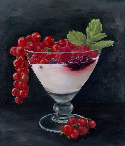 dessert with currants, raspberries and mint, oil painting by Astridsart