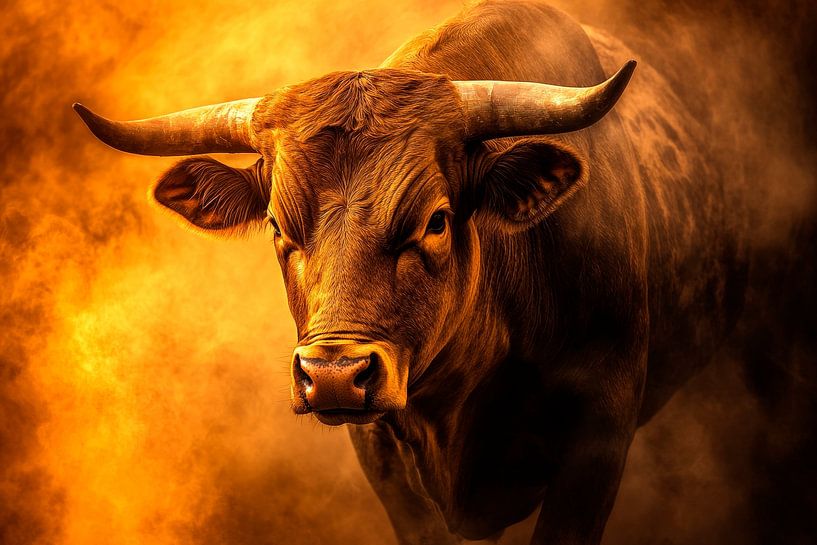 Bull portrait in front of an orange-coloured backdrop by Poster Art Shop