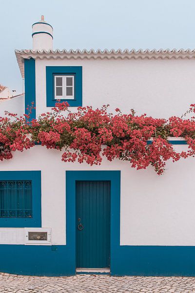 Blaues und weißes Haus mit rosa Blumen in Ericeira, Portugal | Reisefoto von Expeditie Aardbol