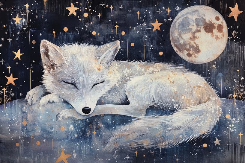 Fuchs im Traumschlaf unter Sternenhimmel von Eva Lee