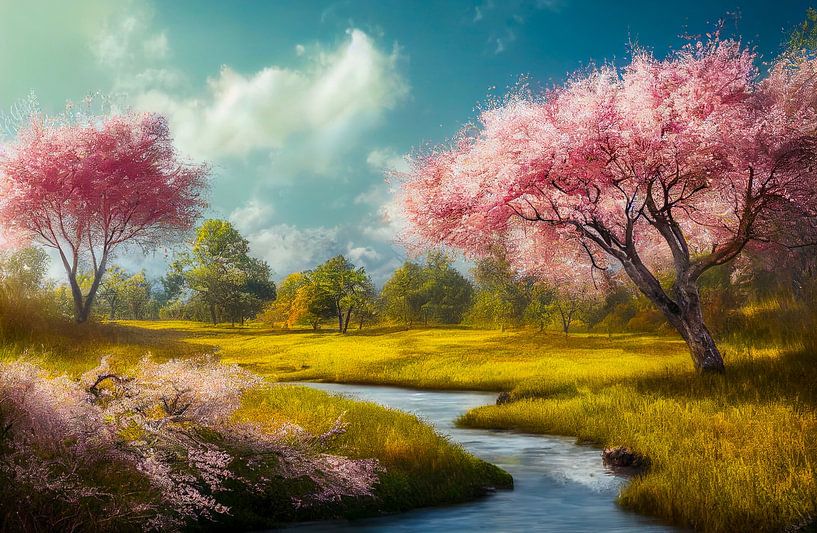 Landschaft mit Fluss und blühenden Kirschbäumen Gemälde Illustration 02 von Animaflora PicsStock