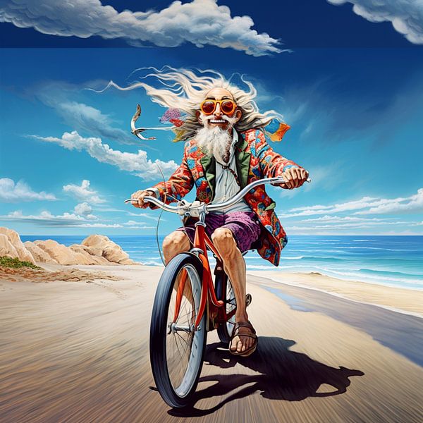 Older man bicycle colourful suit sea beach horizon by gm_designs