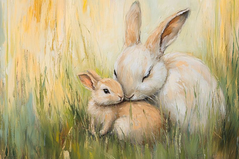 Mother rabbit with baby in grass by Imperial Art House