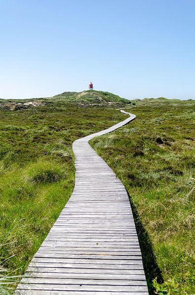 Wooden path to the lighthouse under a clear sky by Alexander Baumann