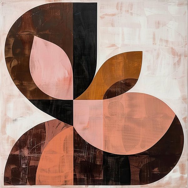 Mid-century modern abstract art with shapes in brown, black and pink by Thea