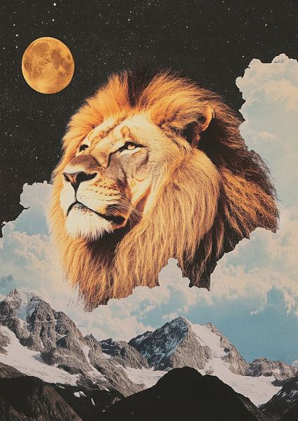 Retro leeuwenkop met maan en bergen van Niklas Maximilian