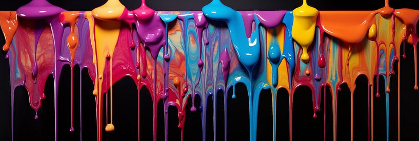 Bunte Acrylfarbe, die mit flüssigen Tropfen tropft, auf schwarzem Hintergrund Kunst Design von Animaflora PicsStock
