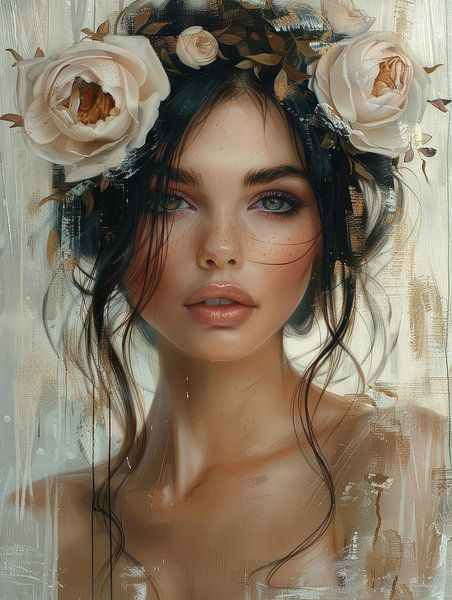 Modern portrait with pink flowers by Carla Van Iersel