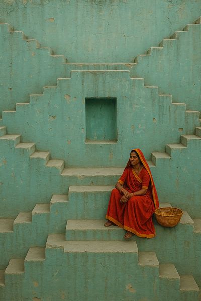 Moment de repos dans une cage d'escalier turquoise par But First Framing