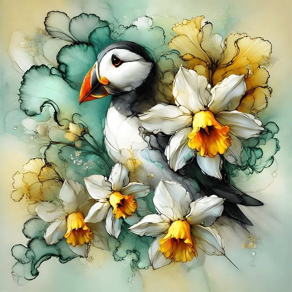Puffin and Daffodils - Symbolic Spirit Animal Art by Manuela Dekkers