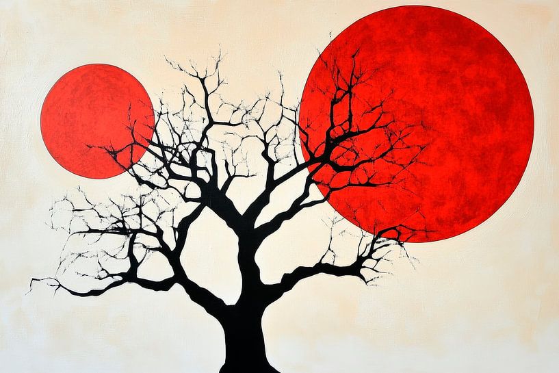 Baum und rote Kreise – Modernes Kunstwerk von Poster Art Shop