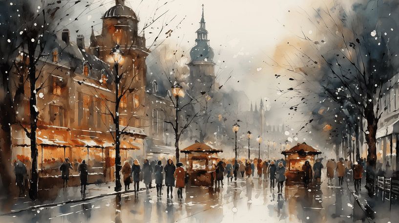 Watercolour shopping at the Christmas market with lights and bokeh painting in the city Winter Art Design by Animaflora PicsStock